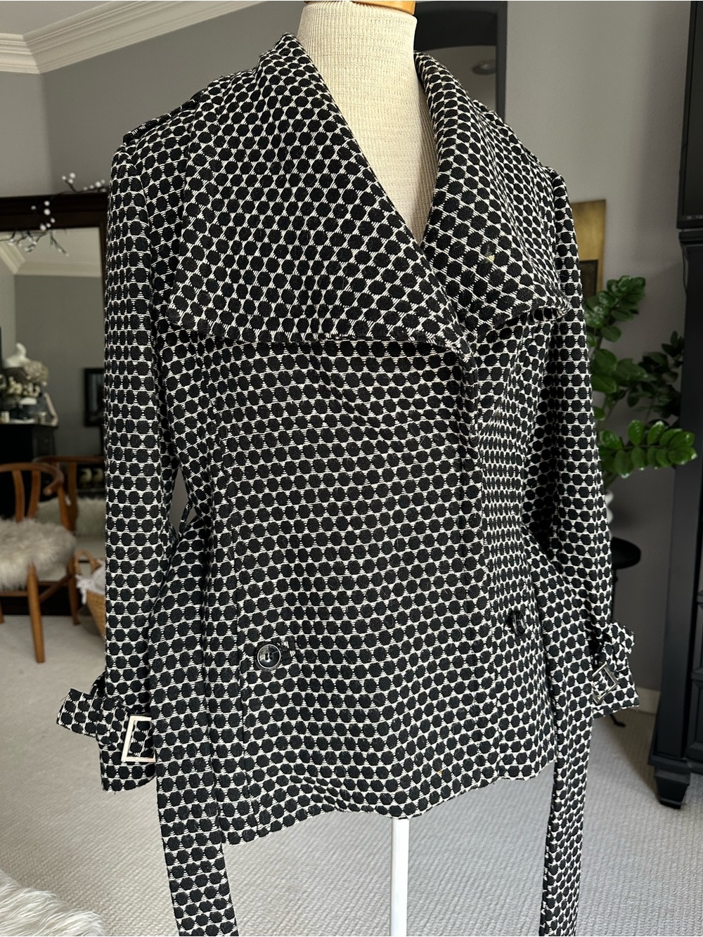 Kenar Black & White Patterned Belted Trench Jacket Size 12 - Picture 6 of 15